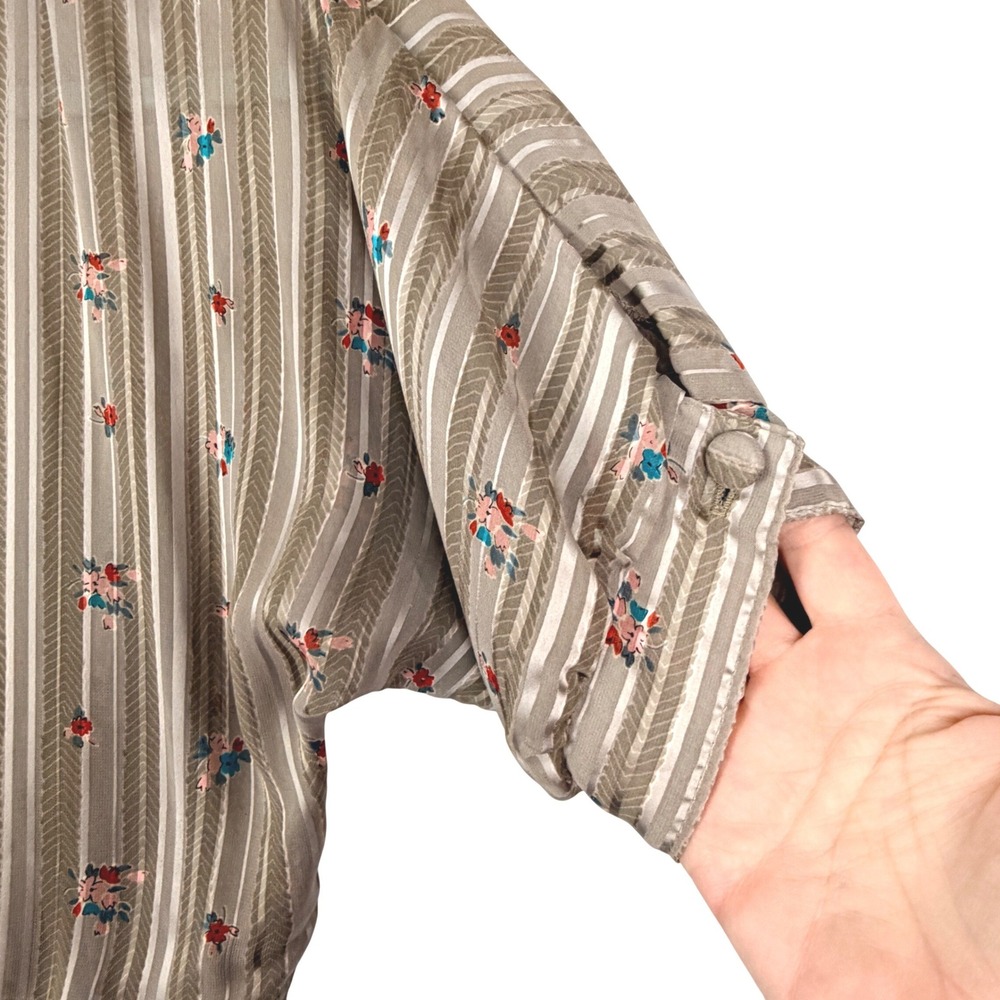VTG 70s Jonathan Martin 80 S SHEER Beige Striped Floral Banded Crop Waist Blouse - Picture 8 of 12